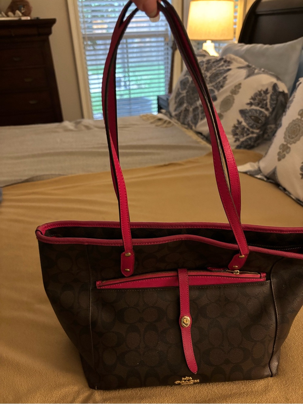 Coach Brown Signature Tote with Hot Pink Trim